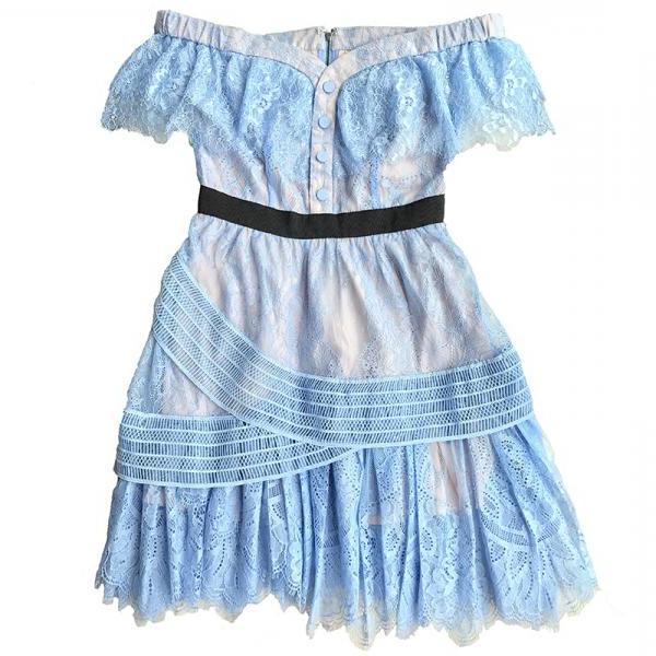 夏装女装古力娜扎明星同款一字领露肩蓝色蕾丝修身显瘦连衣裙礼服